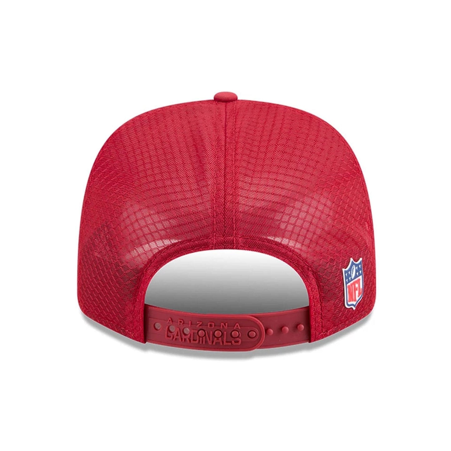 This is a Arizona Cardinals NFL Sideline 2025 Dark Red 9SEVENTY Trucker Stretch Snap Adjustable Cap 6