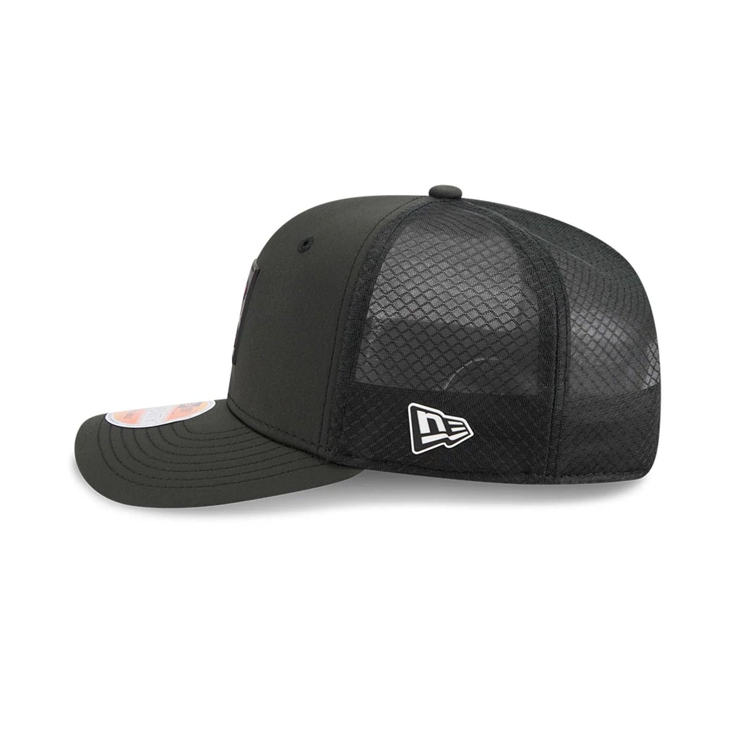 This is a Atlanta Falcons NFL Sideline 2025 Black 9SEVENTY Trucker Stretch Snap Adjustable Cap 4