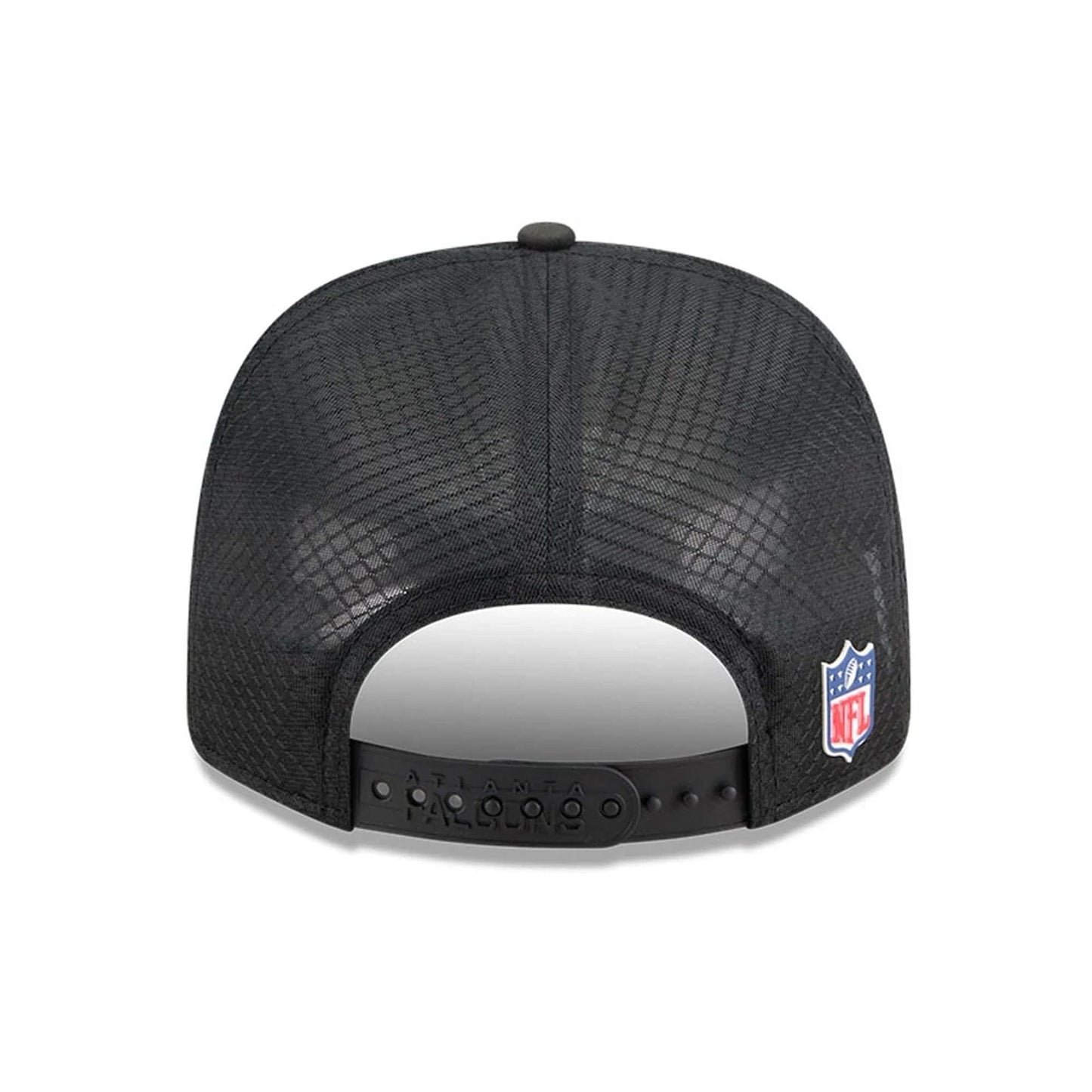 This is a Atlanta Falcons NFL Sideline 2025 Black 9SEVENTY Trucker Stretch Snap Adjustable Cap 6