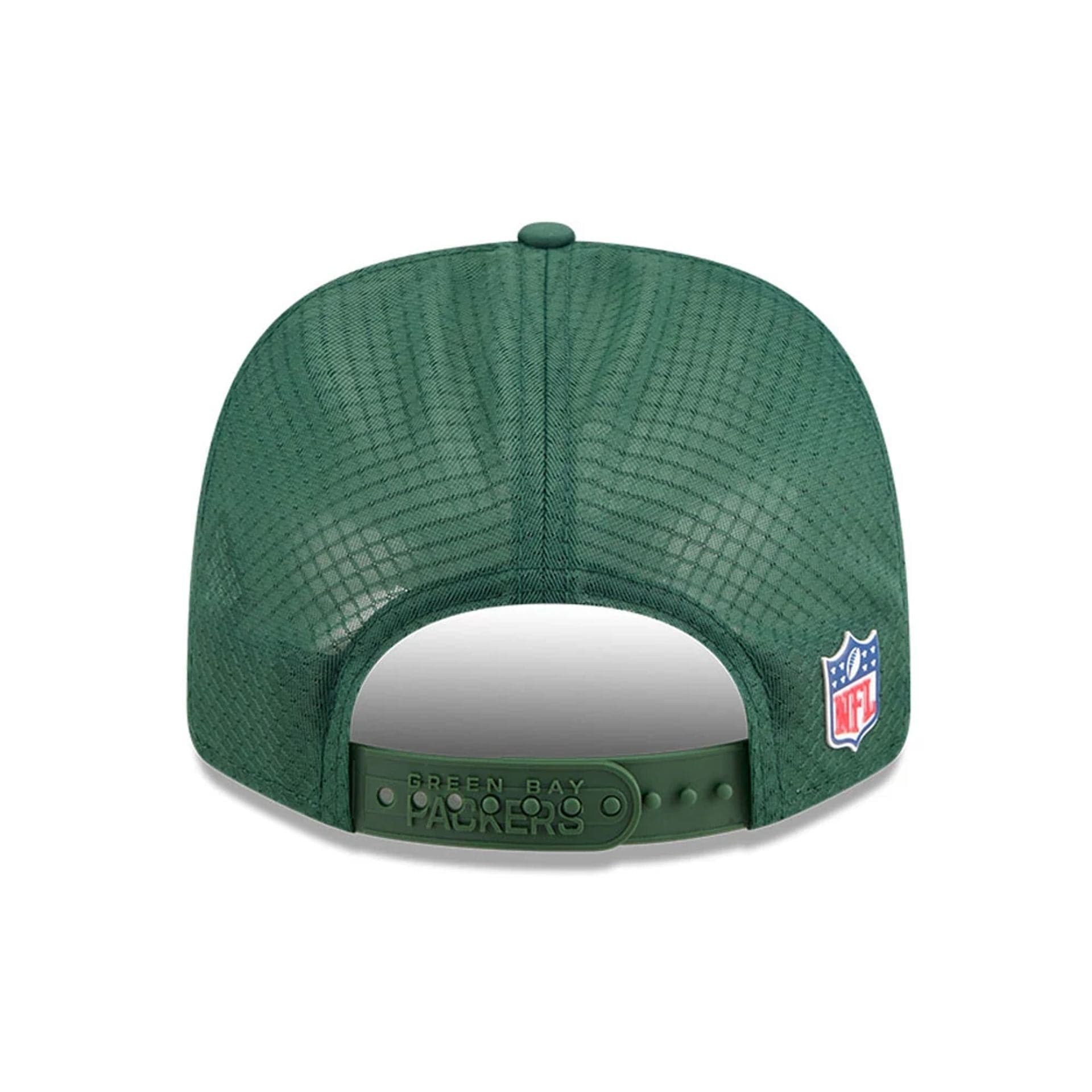 This is a Green Bay Packers NFL Sideline 2025 Dark Green 9SEVENTY Trucker Stretch Snap Adjustable Cap 6