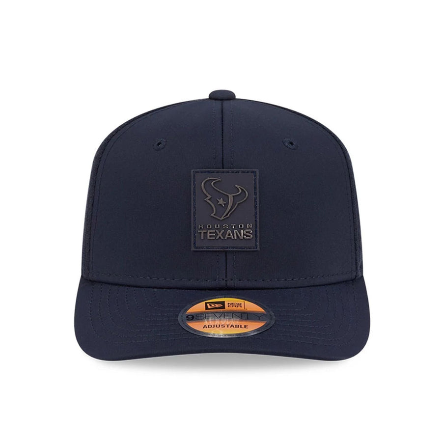 This is a Houston Texans NFL Sideline 2025 Navy 9SEVENTY Trucker Stretch Snap Adjustable Cap 2