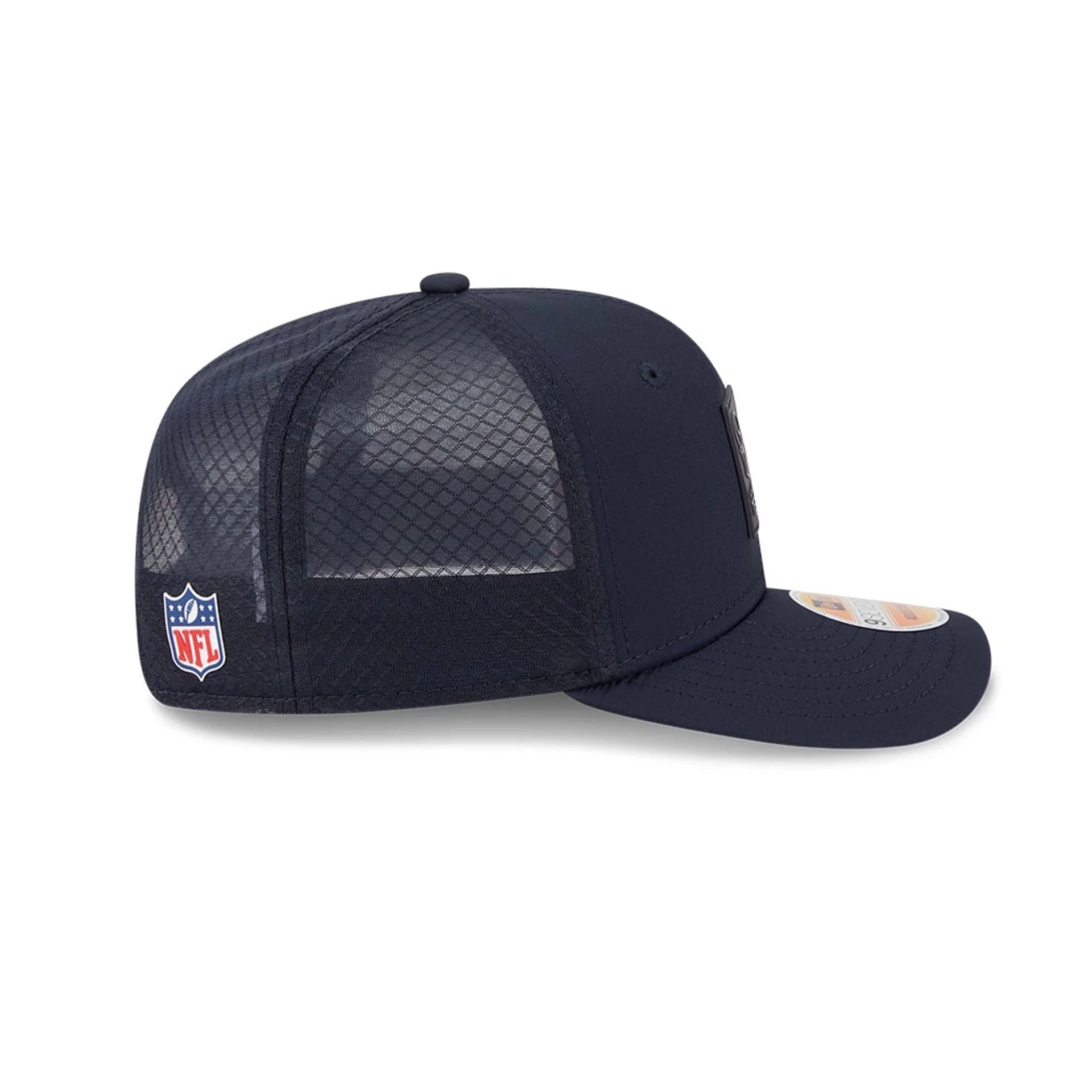 This is a Houston Texans NFL Sideline 2025 Navy 9SEVENTY Trucker Stretch Snap Adjustable Cap 5