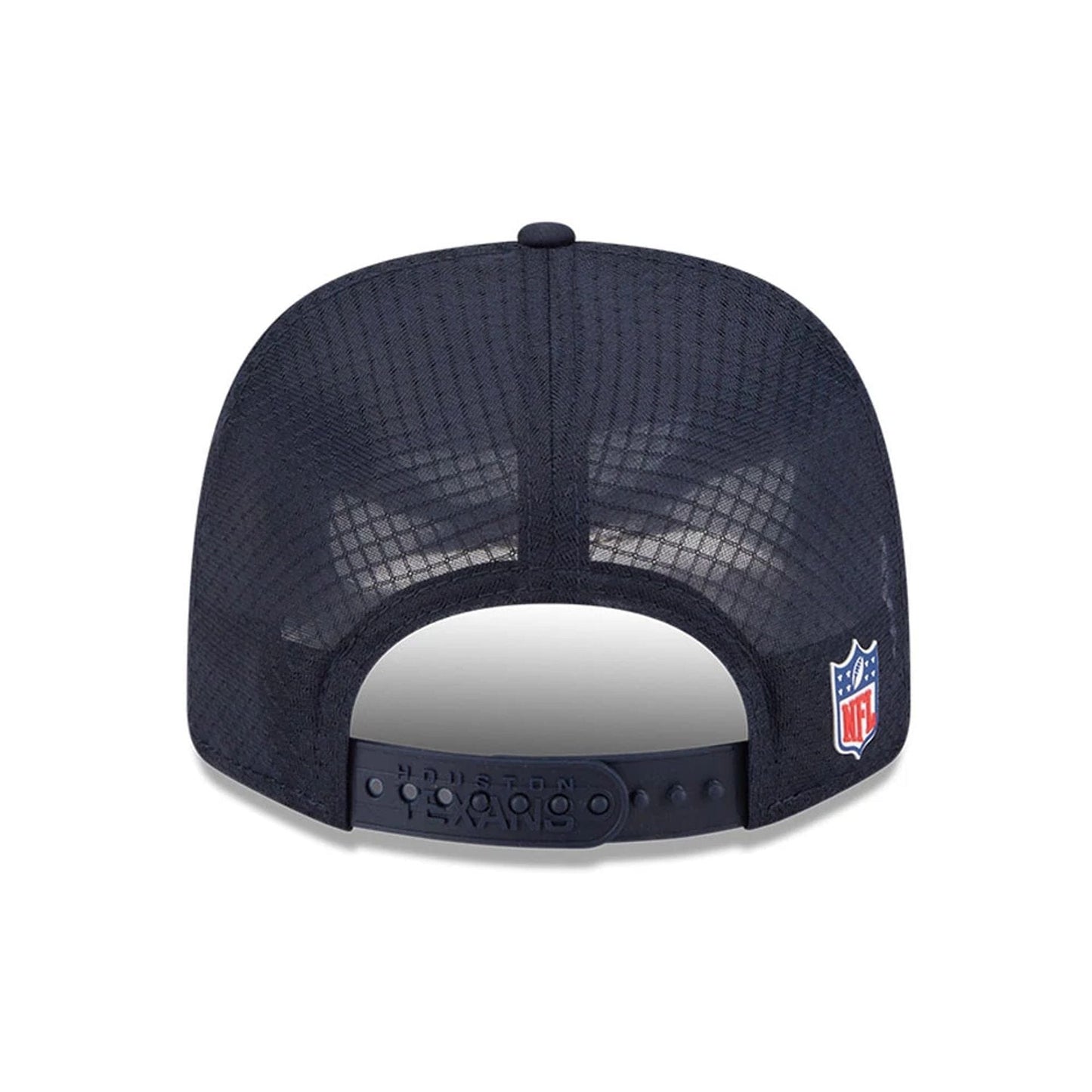 This is a Houston Texans NFL Sideline 2025 Navy 9SEVENTY Trucker Stretch Snap Adjustable Cap 6