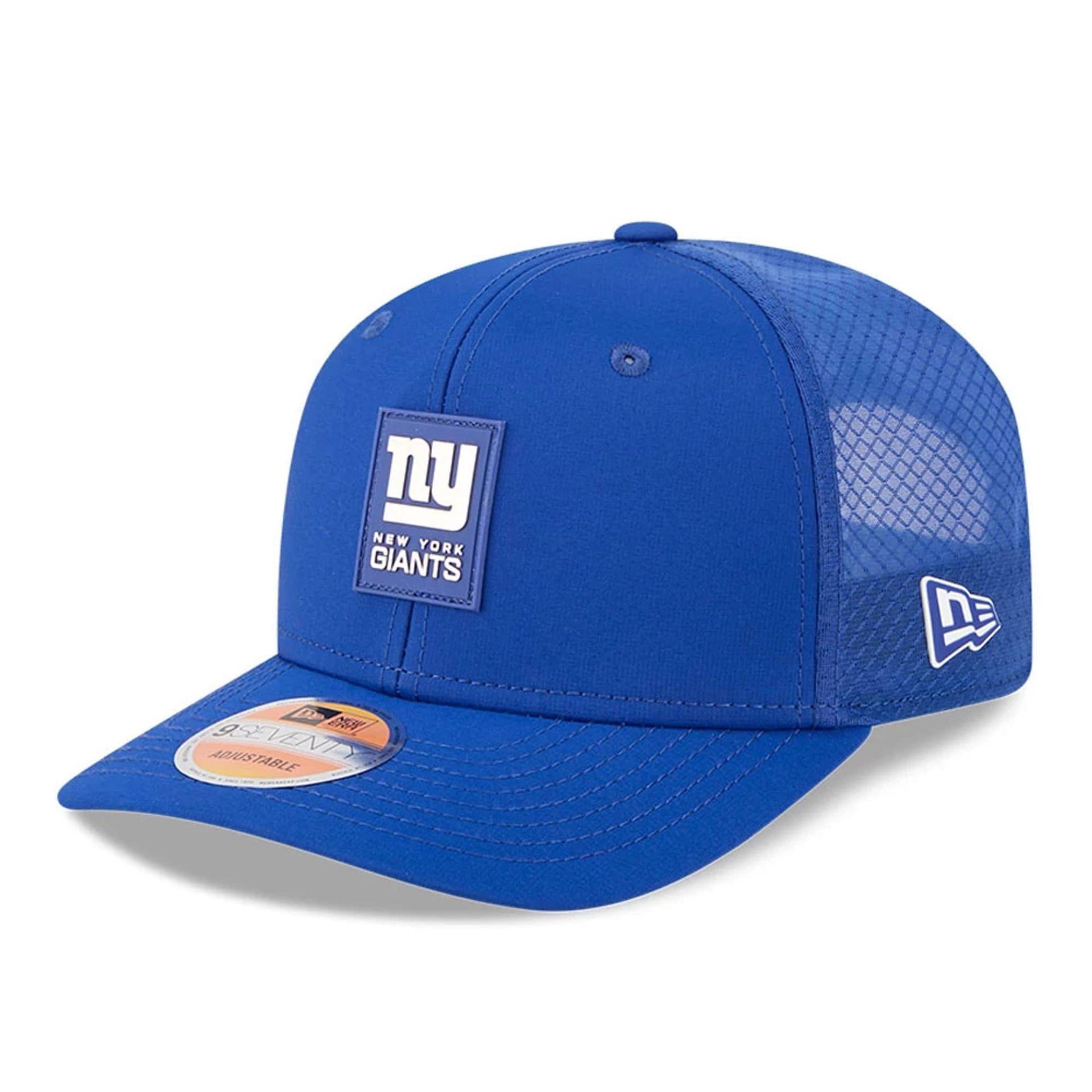 This is a New York Giants NFL Sideline 2025 Dark Blue 9SEVENTY Trucker Stretch Snap Adjustable Cap 1