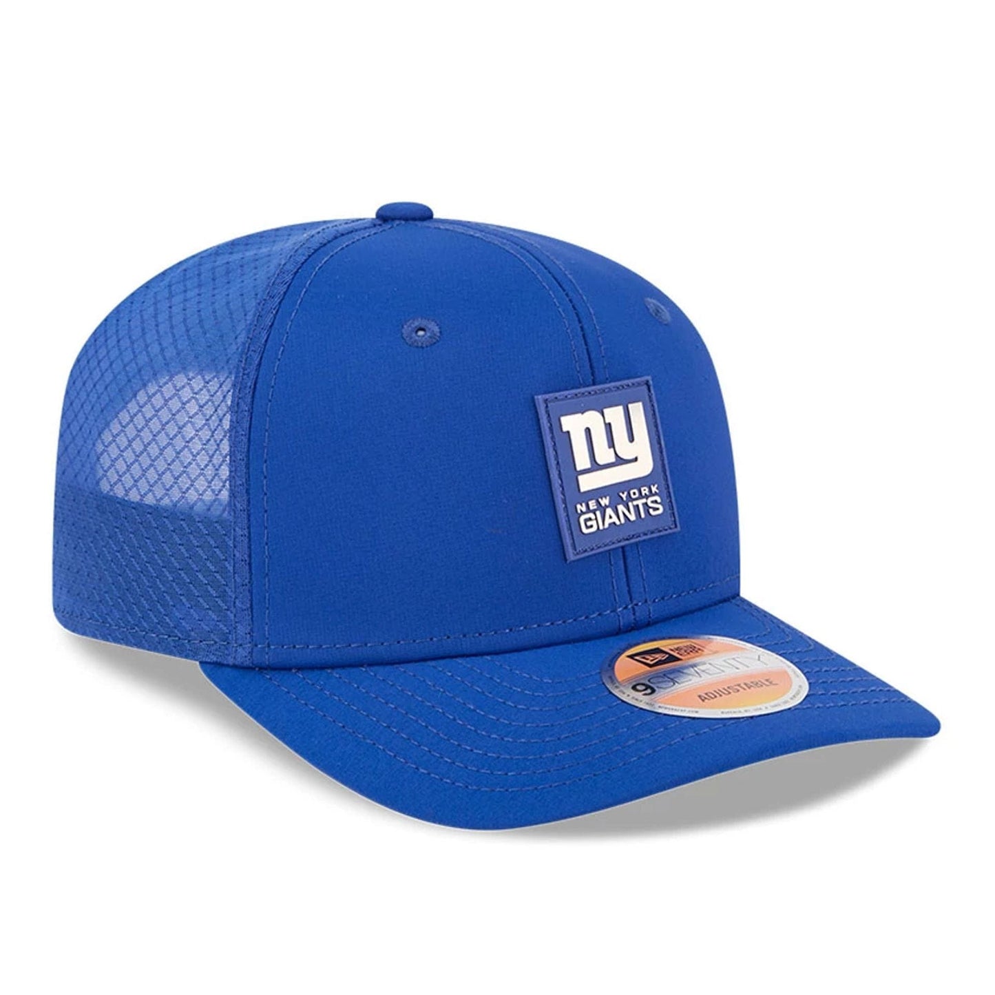 This is a New York Giants NFL Sideline 2025 Dark Blue 9SEVENTY Trucker Stretch Snap Adjustable Cap 3