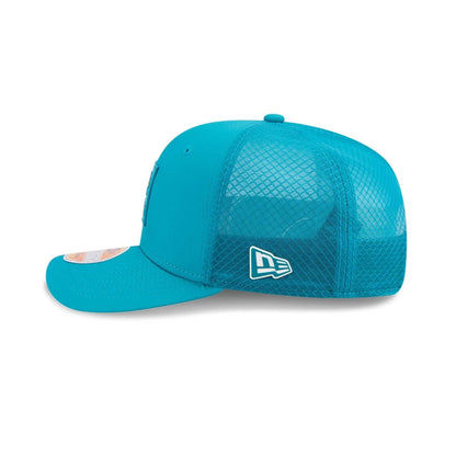 This is a Jacksonville Jaguars NFL Sideline 2025 Turquoise 9SEVENTY Trucker Stretch Snap Adjustable Cap 4