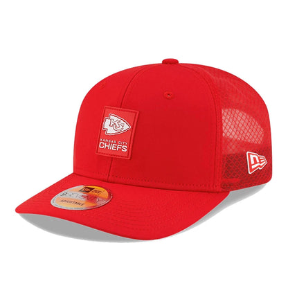 This is a Kansas City Chiefs NFL Sideline 2025 Red 9SEVENTY Trucker Stretch Snap Adjustable Cap 1