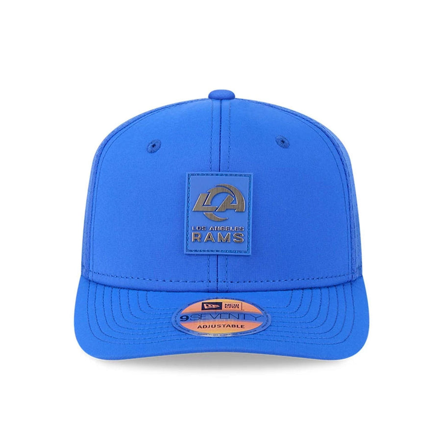 This is a LA Rams NFL Sideline 2025 Bright Blue 9SEVENTY Trucker Stretch Snap Adjustable Cap 2