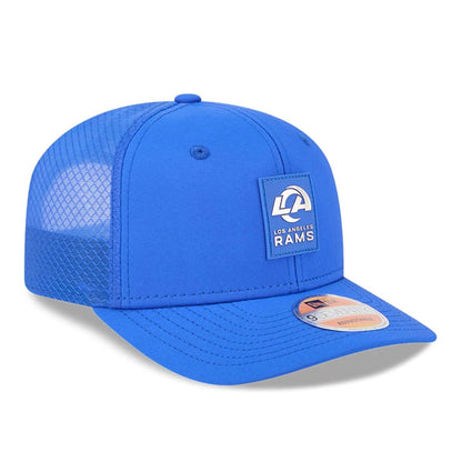 This is a LA Rams NFL Sideline 2025 Bright Blue 9SEVENTY Trucker Stretch Snap Adjustable Cap 3