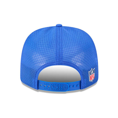 This is a LA Rams NFL Sideline 2025 Bright Blue 9SEVENTY Trucker Stretch Snap Adjustable Cap 7
