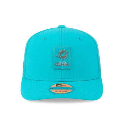 This is a Miami Dolphins NFL Sideline 2025 Turquoise 9SEVENTY Trucker Stretch Snap Adjustable Cap 2