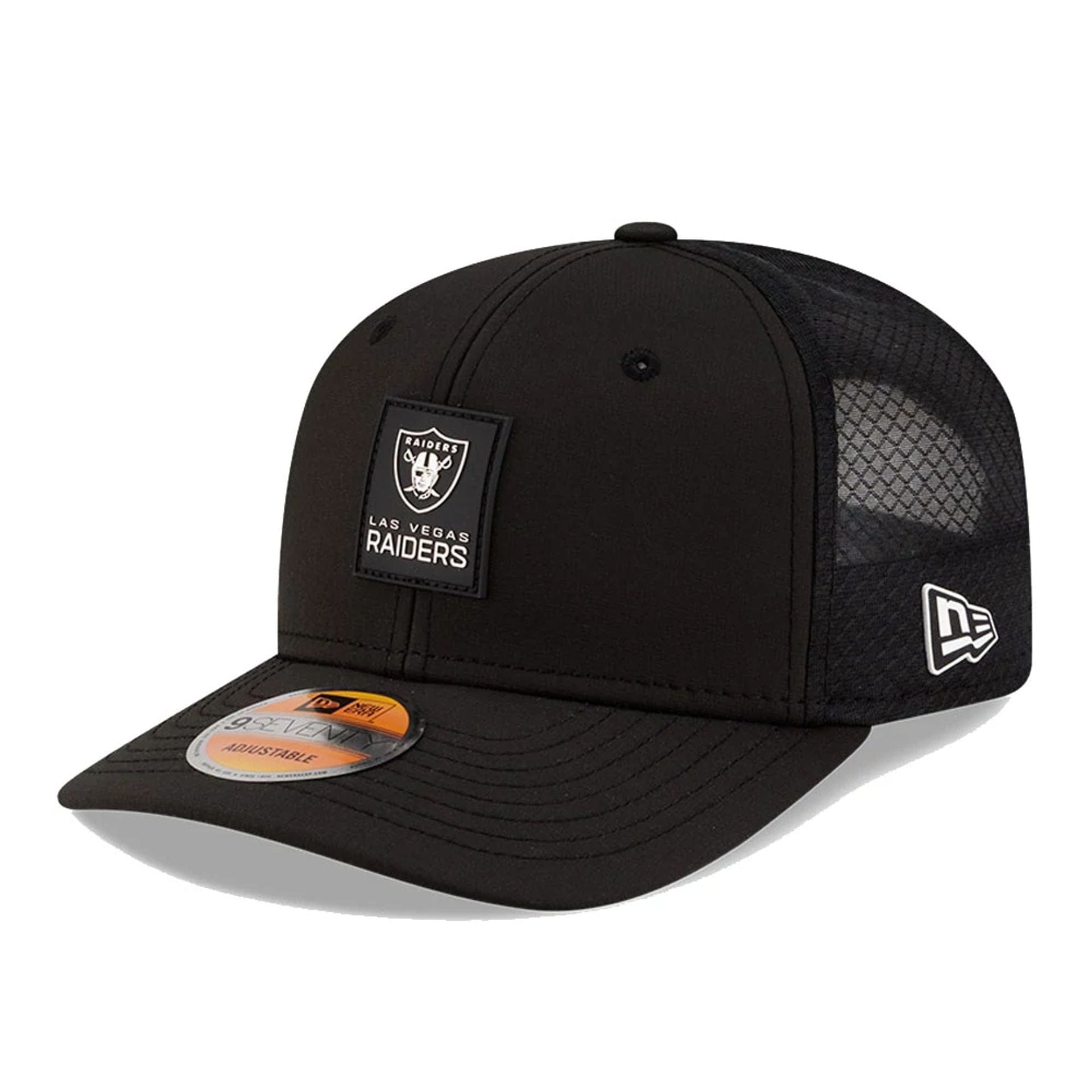 This is a Las Vegas Raiders NFL Sideline 2025 Black 9SEVENTY Trucker Stretch Snap Adjustable Cap 1