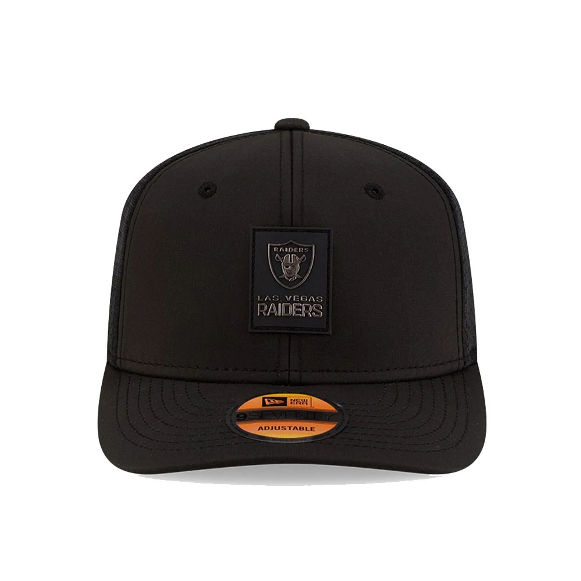 This is a Las Vegas Raiders NFL Sideline 2025 Black 9SEVENTY Trucker Stretch Snap Adjustable Cap 3