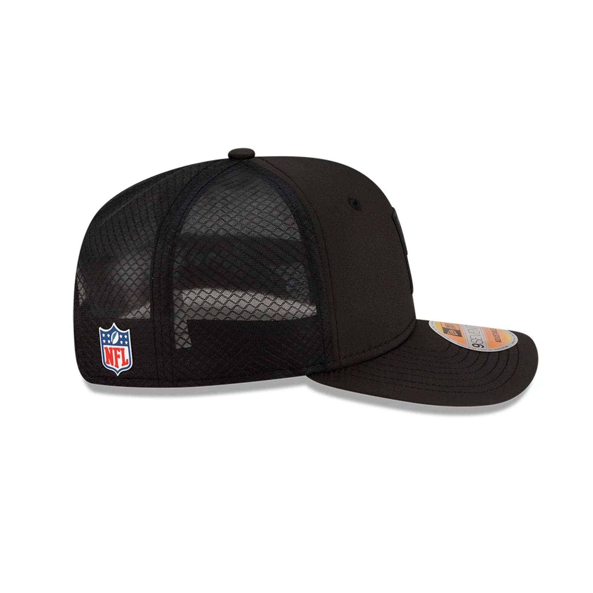 This is a Las Vegas Raiders NFL Sideline 2025 Black 9SEVENTY Trucker Stretch Snap Adjustable Cap 5