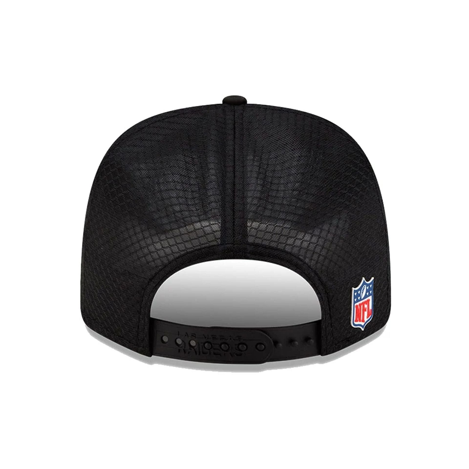 This is a Las Vegas Raiders NFL Sideline 2025 Black 9SEVENTY Trucker Stretch Snap Adjustable Cap 7