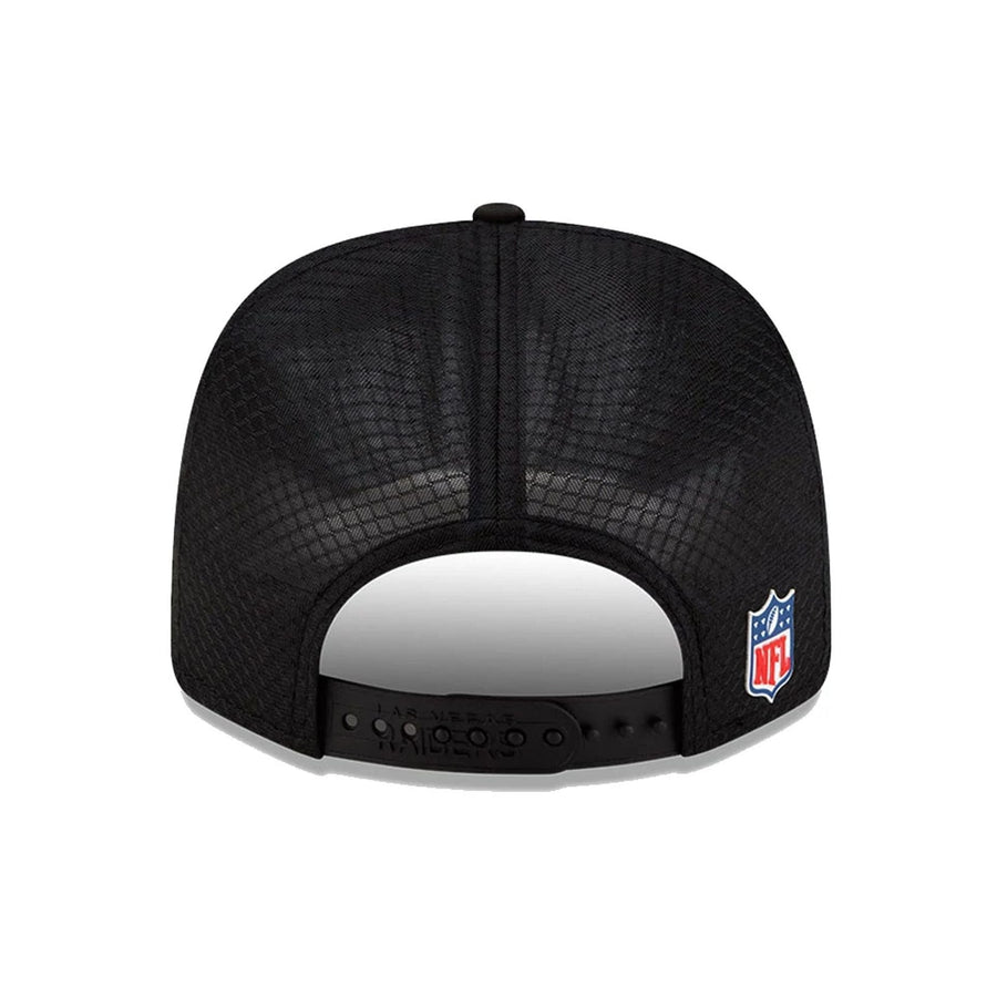 This is a Las Vegas Raiders NFL Sideline 2025 Black 9SEVENTY Trucker Stretch Snap Adjustable Cap 7