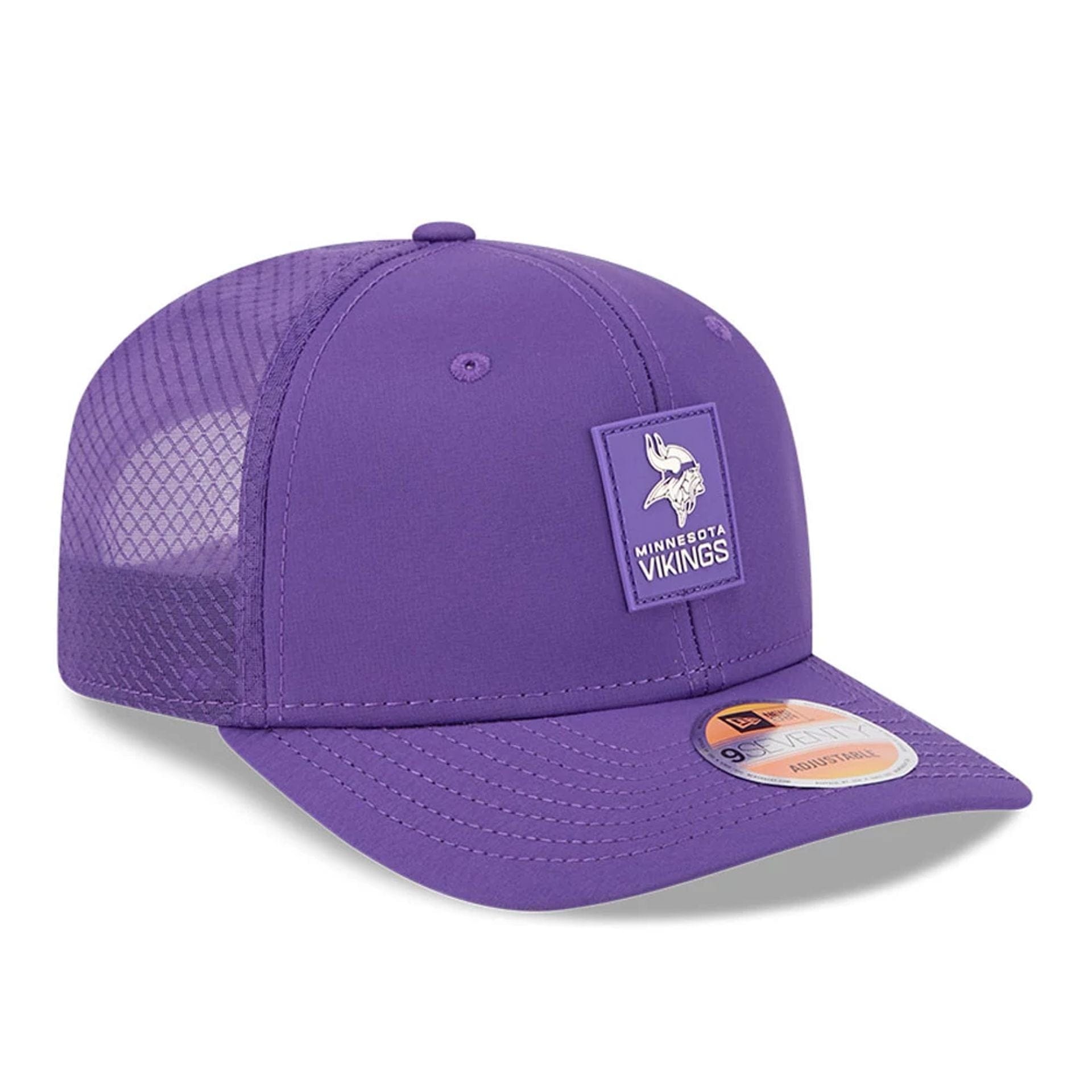 This is a Minnesota Vikings NFL Sideline 2025 Purple 9SEVENTY Trucker Stretch Snap Adjustable Cap 3