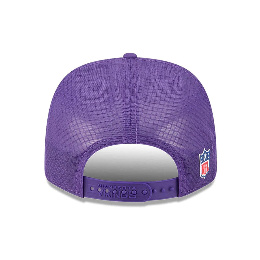 This is a Minnesota Vikings NFL Sideline 2025 Purple 9SEVENTY Trucker Stretch Snap Adjustable Cap 6