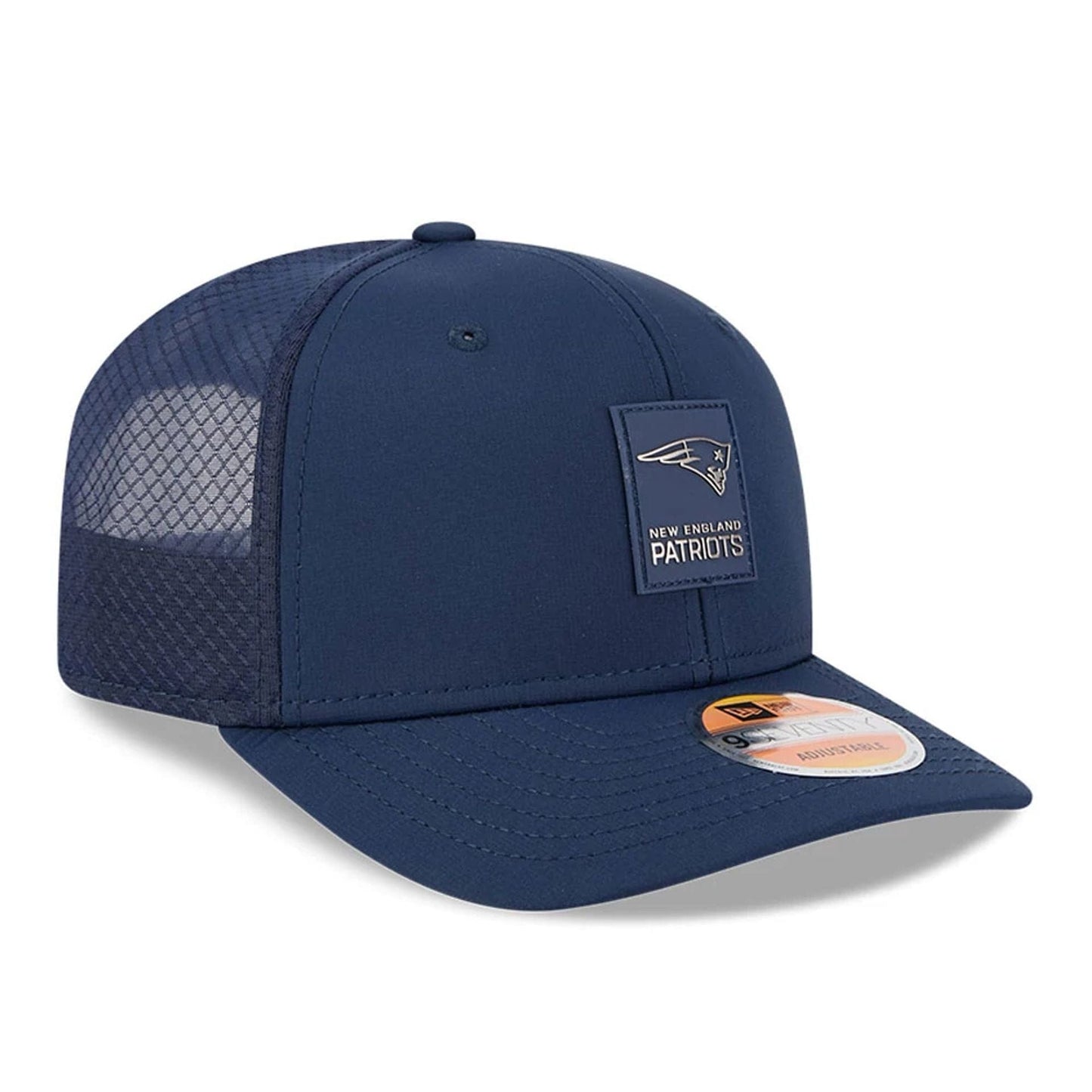 This is a New England Patriots NFL Sideline 2025 Dark Blue 9SEVENTY Trucker Stretch Snap Adjustable Cap 3