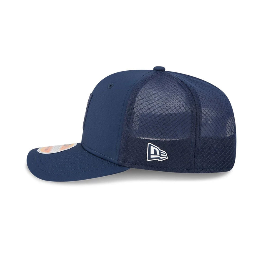 This is a New England Patriots NFL Sideline 2025 Dark Blue 9SEVENTY Trucker Stretch Snap Adjustable Cap 4