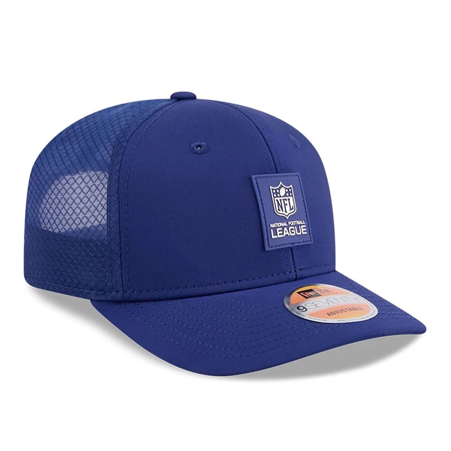 This is a NFL Official Logo NFL Sideline 2025 Blue 9SEVENTY Trucker Stretch Snap Adjustable Cap 3