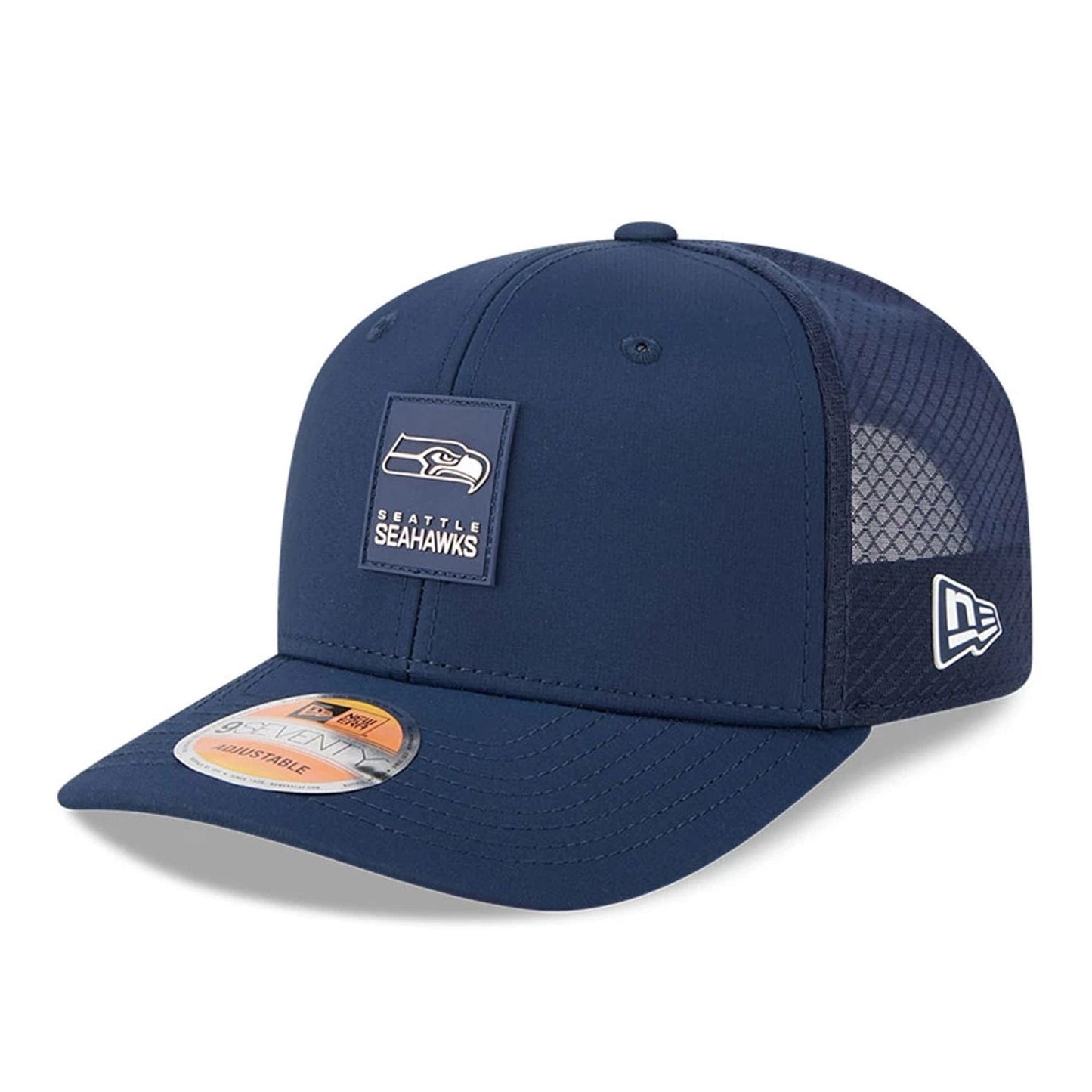 This is a Seattle Seahawks NFL Sideline 2025 Dark Blue 9SEVENTY Trucker Stretch Snap Adjustable Cap 1