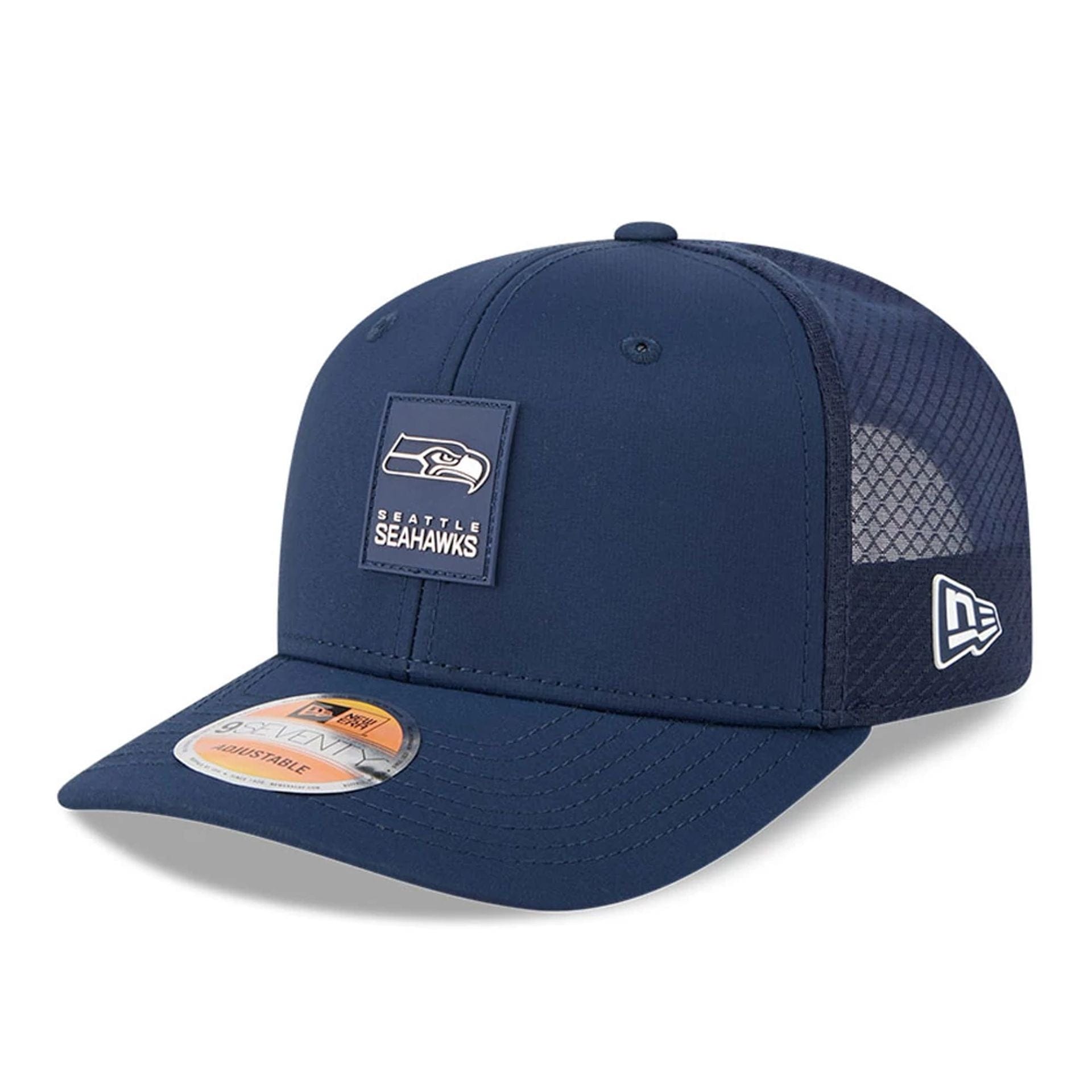 This is a Seattle Seahawks NFL Sideline 2025 Dark Blue 9SEVENTY Trucker Stretch Snap Adjustable Cap 1