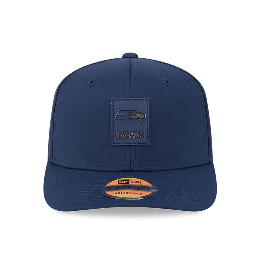 This is a Seattle Seahawks NFL Sideline 2025 Dark Blue 9SEVENTY Trucker Stretch Snap Adjustable Cap 2