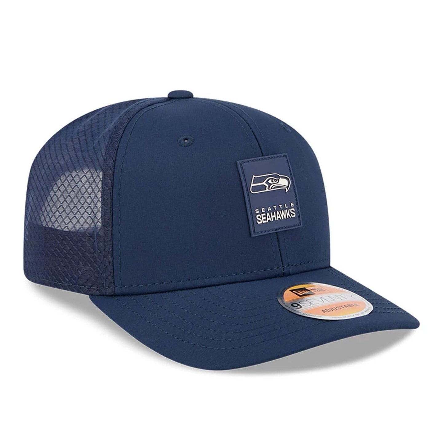 This is a Seattle Seahawks NFL Sideline 2025 Dark Blue 9SEVENTY Trucker Stretch Snap Adjustable Cap 3