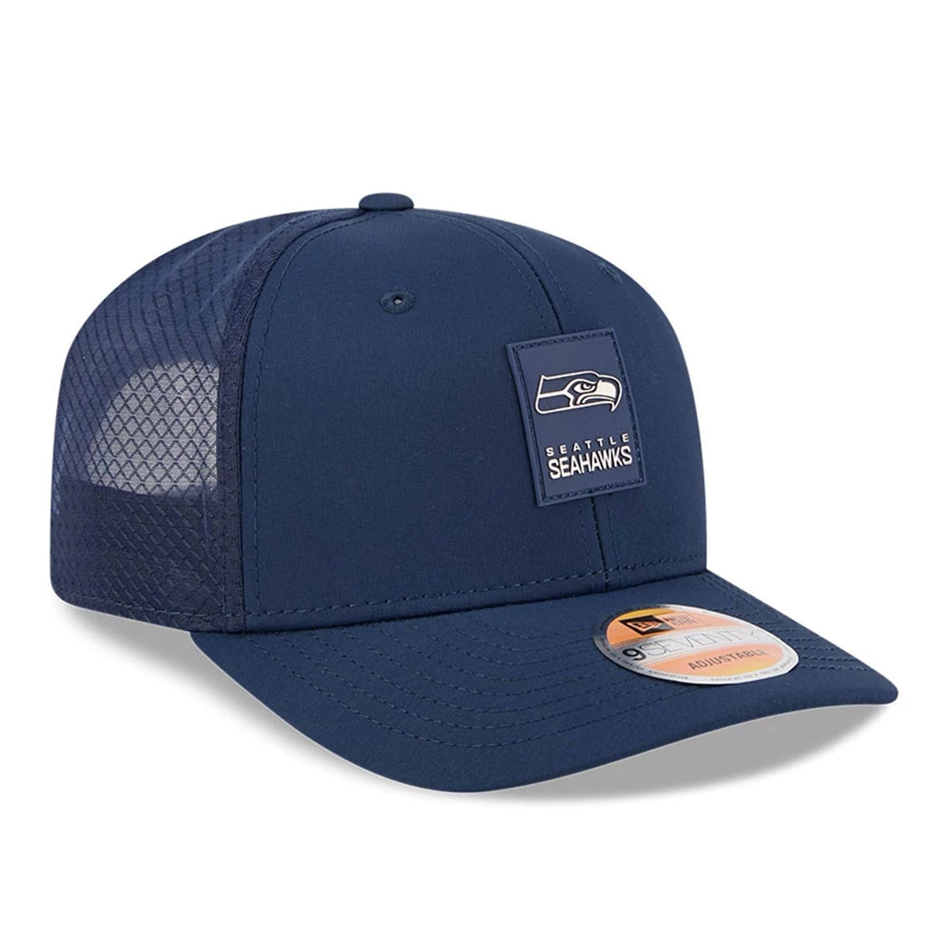 This is a Seattle Seahawks NFL Sideline 2025 Dark Blue 9SEVENTY Trucker Stretch Snap Adjustable Cap 3