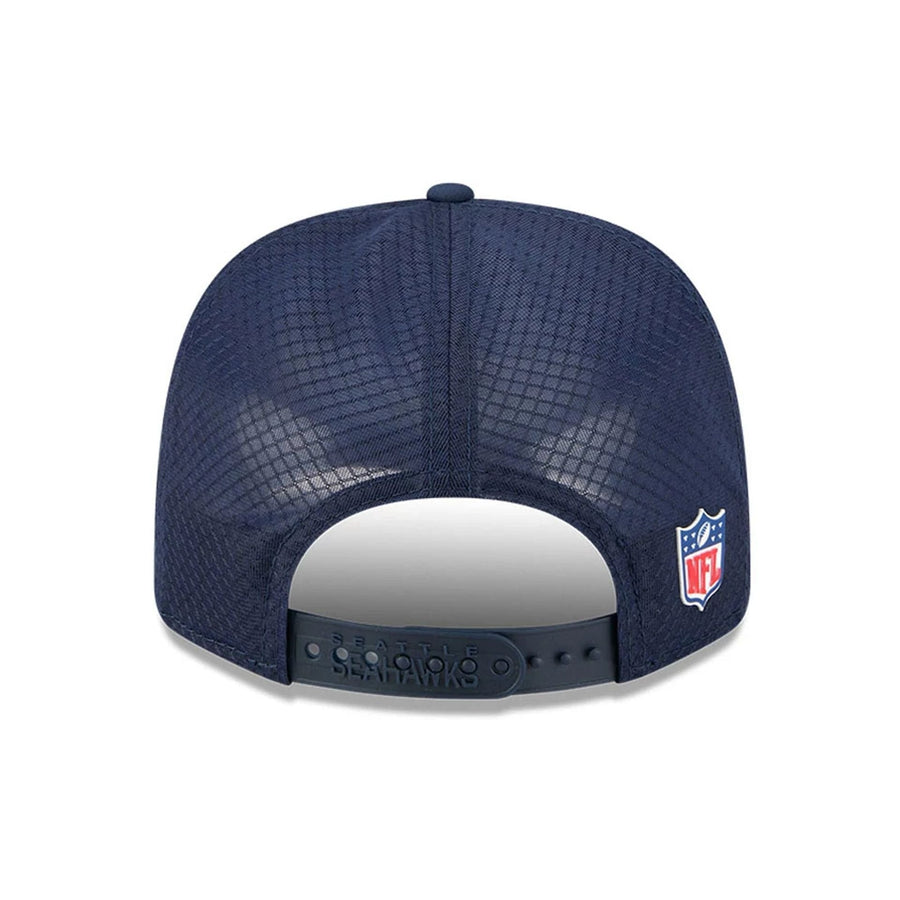 This is a Seattle Seahawks NFL Sideline 2025 Dark Blue 9SEVENTY Trucker Stretch Snap Adjustable Cap 7