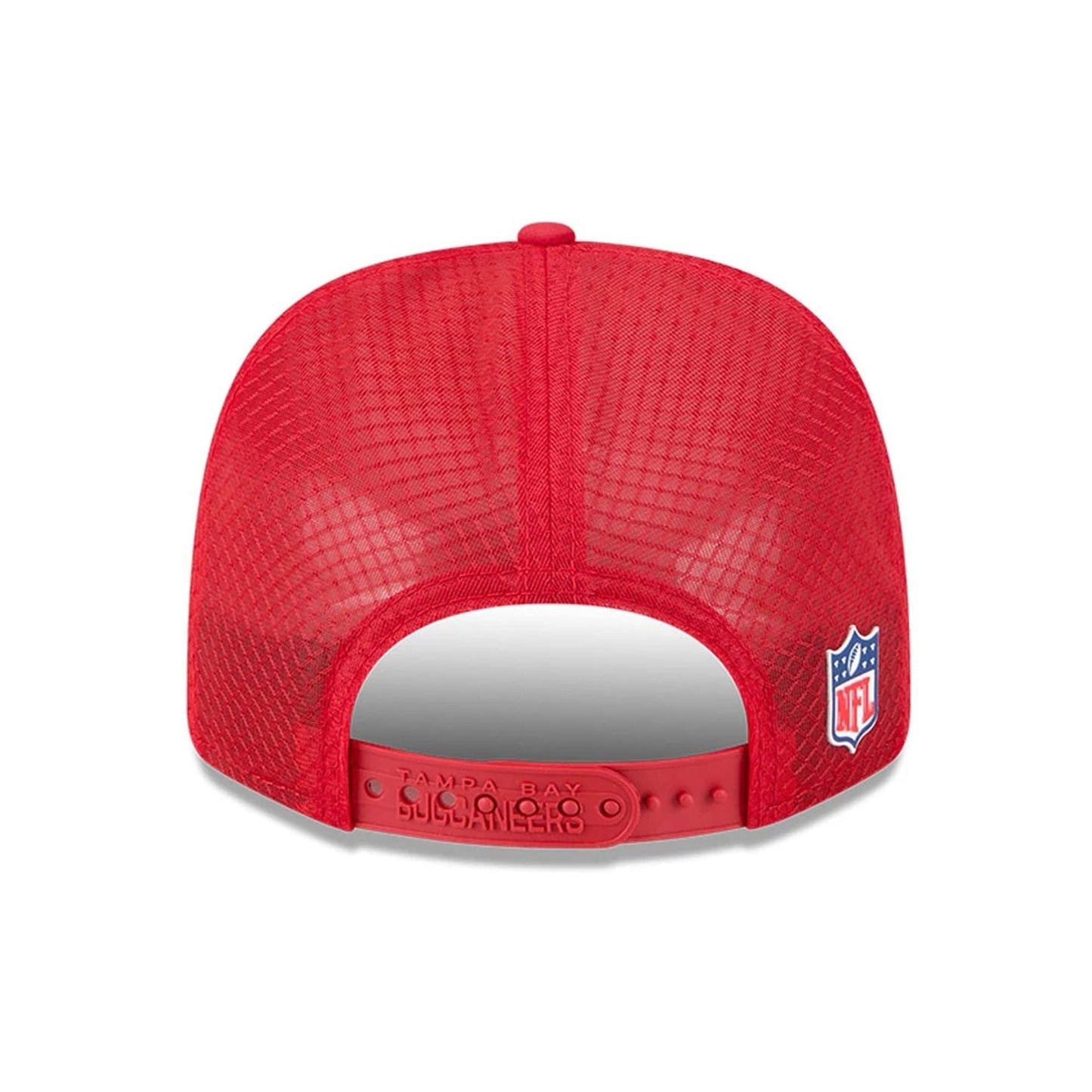 This is a Tampa Bay Buccaneers NFL Sideline 2025 Red 9SEVENTY Trucker Stretch Snap Adjustable Cap 7