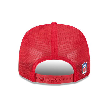 This is a Tampa Bay Buccaneers NFL Sideline 2025 Red 9SEVENTY Trucker Stretch Snap Adjustable Cap 7