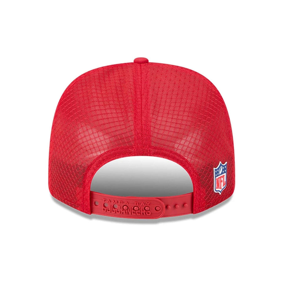 This is a Tampa Bay Buccaneers NFL Sideline 2025 Red 9SEVENTY Trucker Stretch Snap Adjustable Cap 7