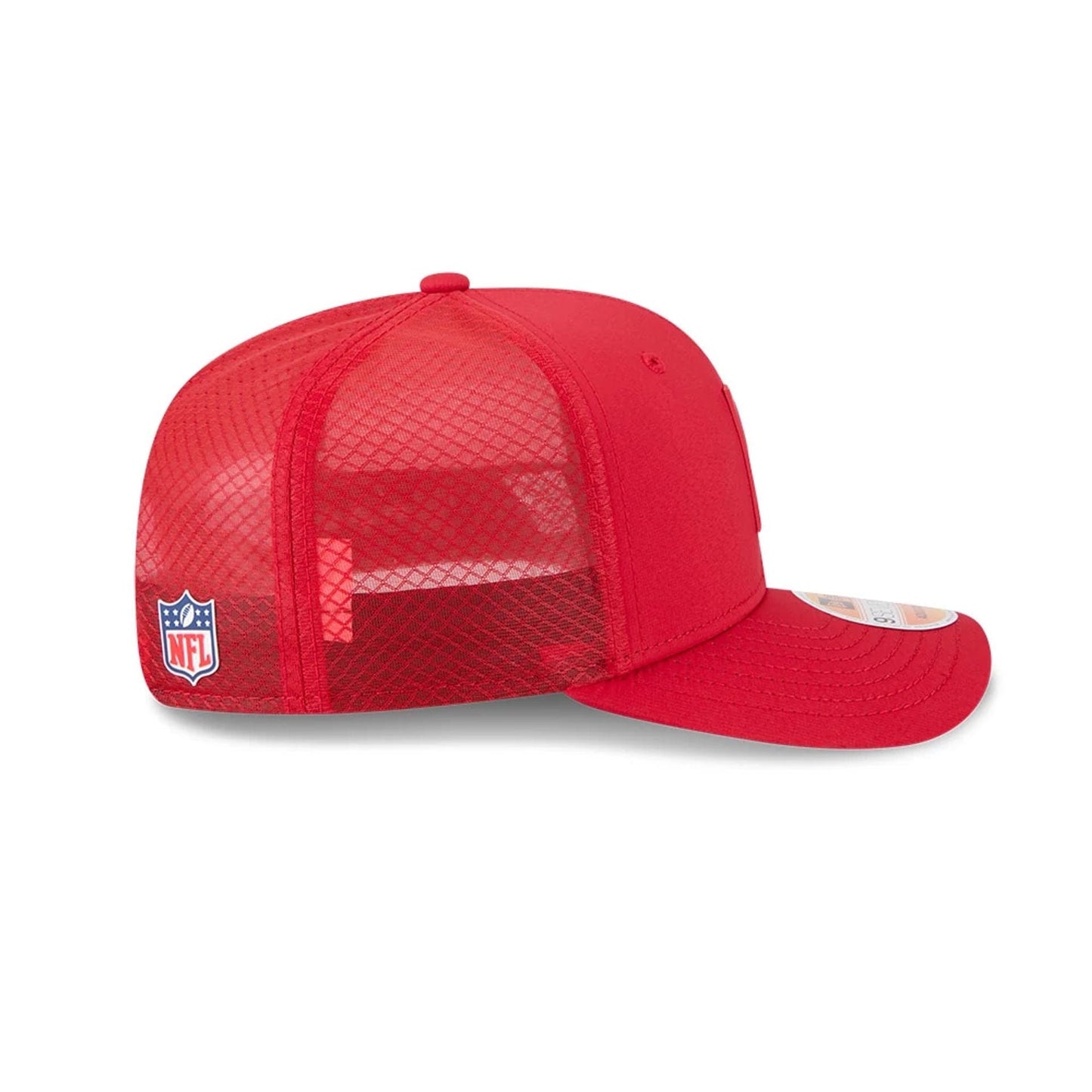 This is a San Francisco 49ers NFL Sideline 2025 Red 9SEVENTY Trucker Stretch Snap Adjustable Cap 5