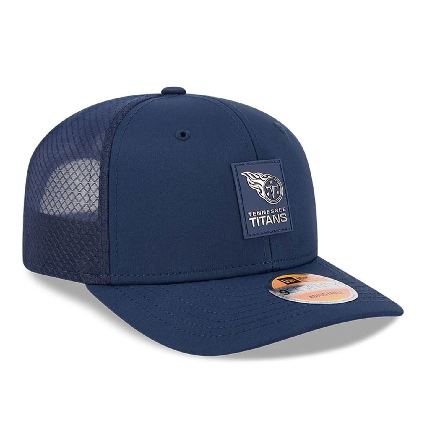 This is a Tennessee Titans NFL Sideline 2025 Dark Blue 9SEVENTY Trucker Stretch Snap Adjustable Cap 3