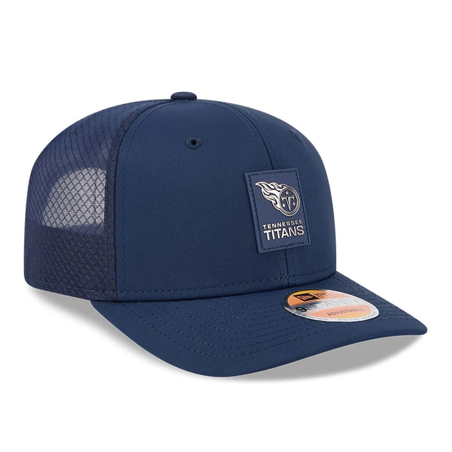 This is a Tennessee Titans NFL Sideline 2025 Dark Blue 9SEVENTY Trucker Stretch Snap Adjustable Cap 3