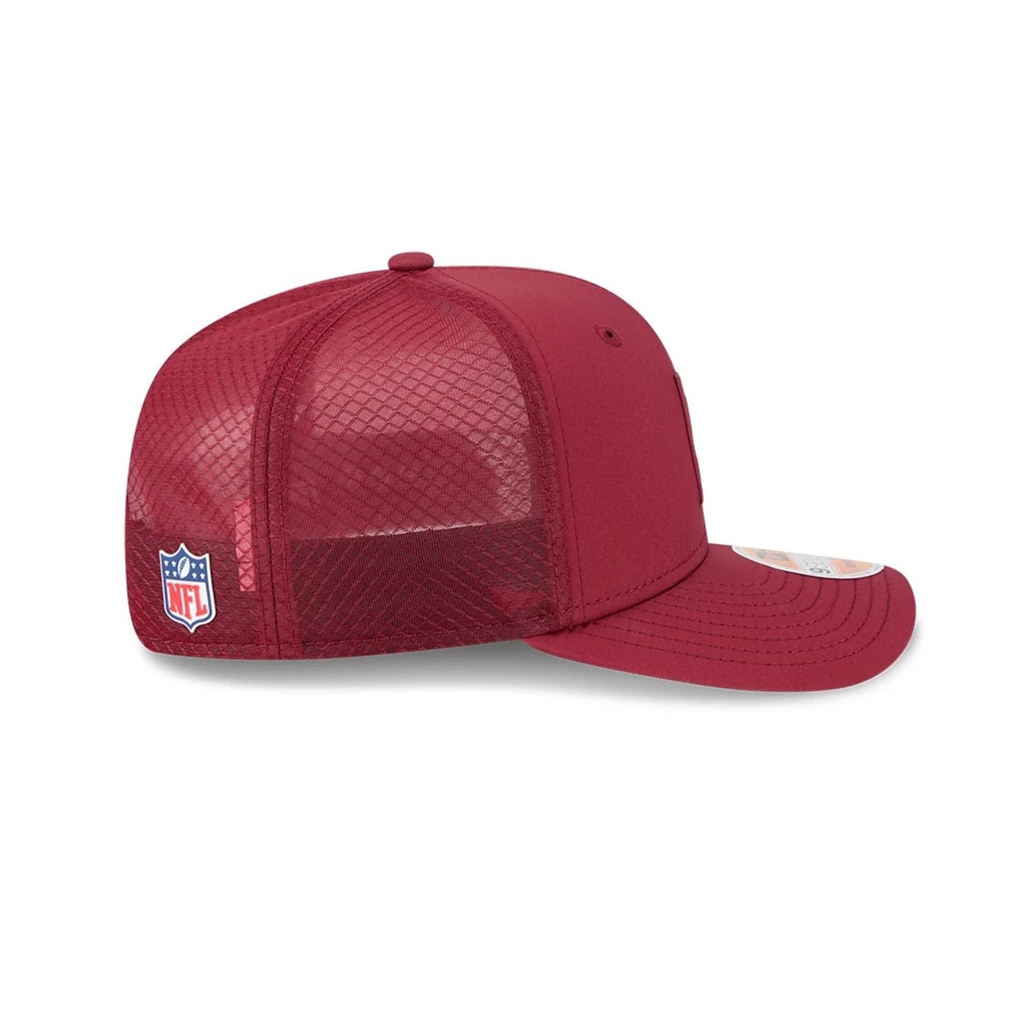 This is a Washington Commanders NFL Sideline 2025 Dark Red 9SEVENTY Trucker Stretch Snap Adjustable Cap 5