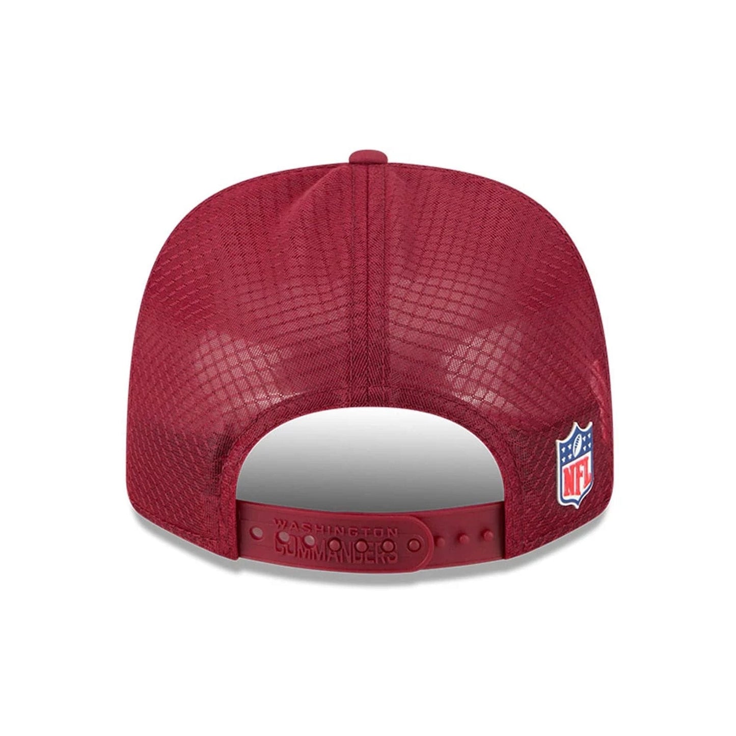 This is a Washington Commanders NFL Sideline 2025 Dark Red 9SEVENTY Trucker Stretch Snap Adjustable Cap 7