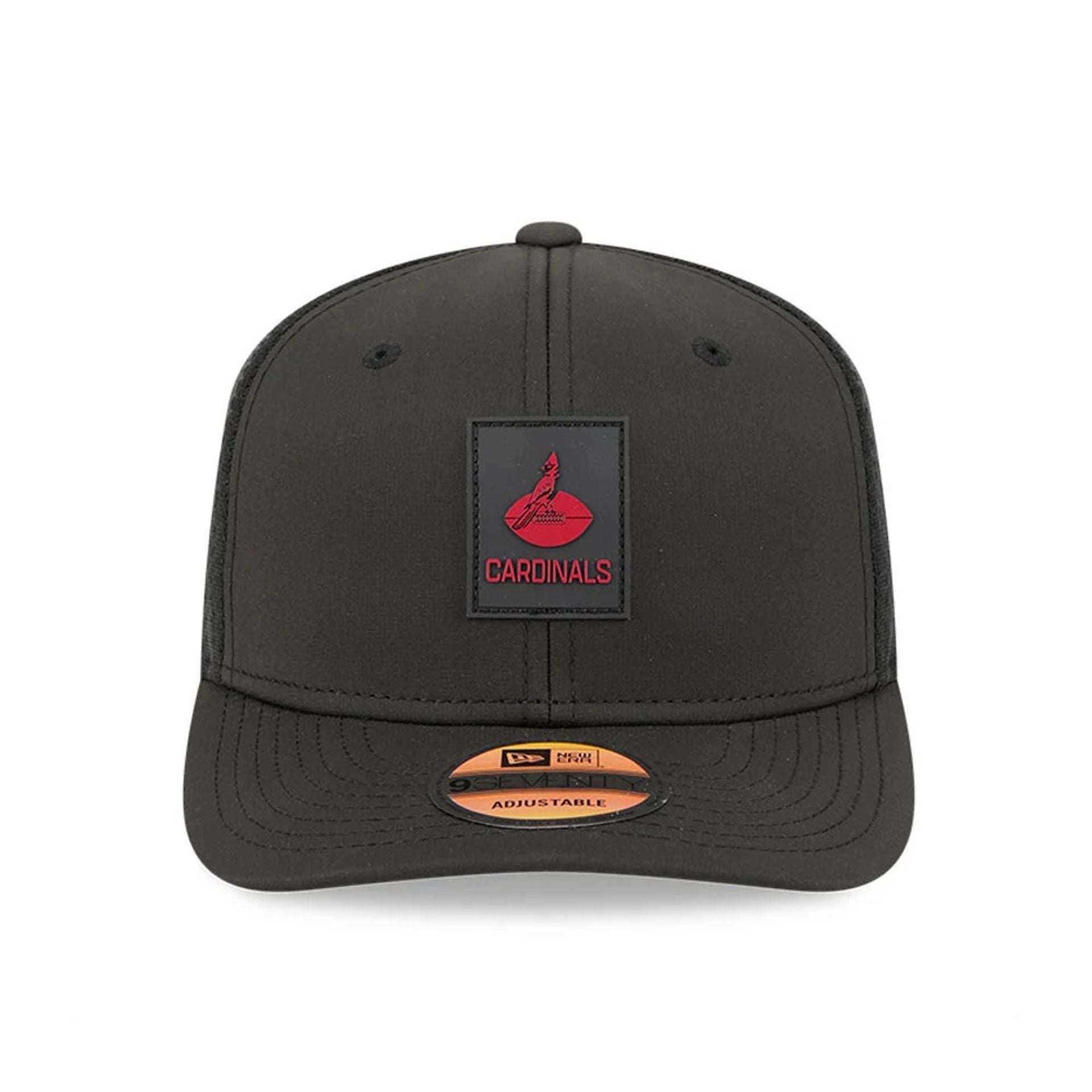This is a Arizona Cardinals NFL Sideline 2025 Black 9SEVENTY Trucker Stretch Snap Adjustable Cap 3