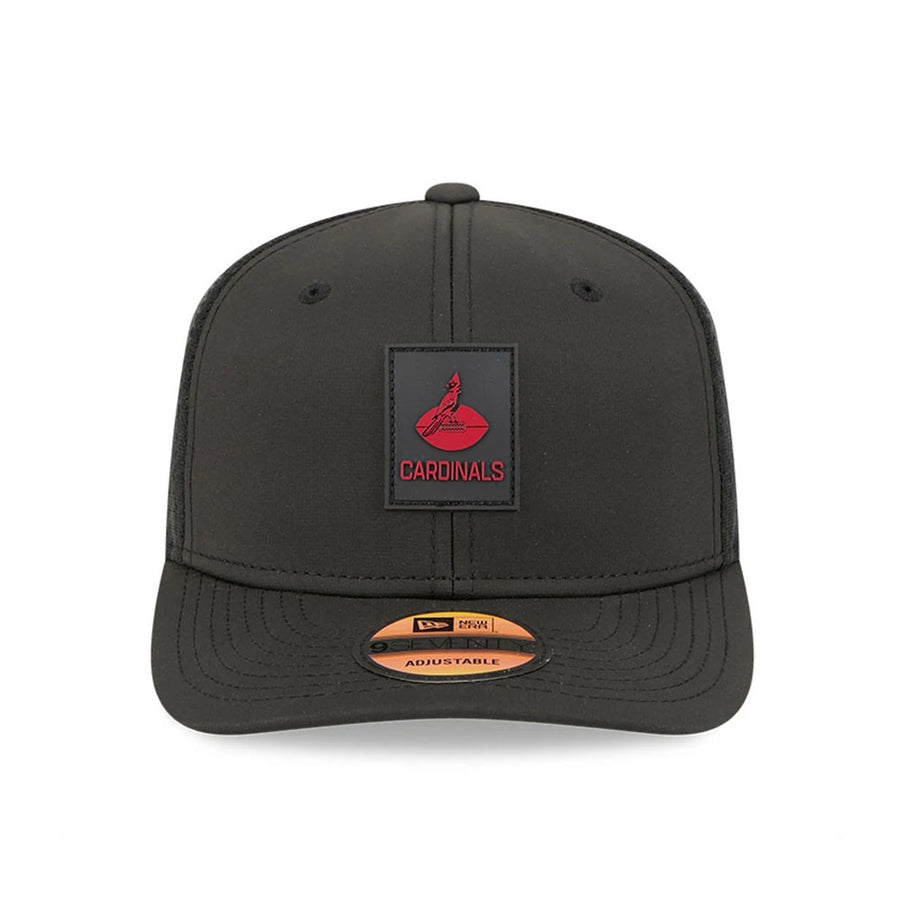 This is a Arizona Cardinals NFL Sideline 2025 Black 9SEVENTY Trucker Stretch Snap Adjustable Cap 3