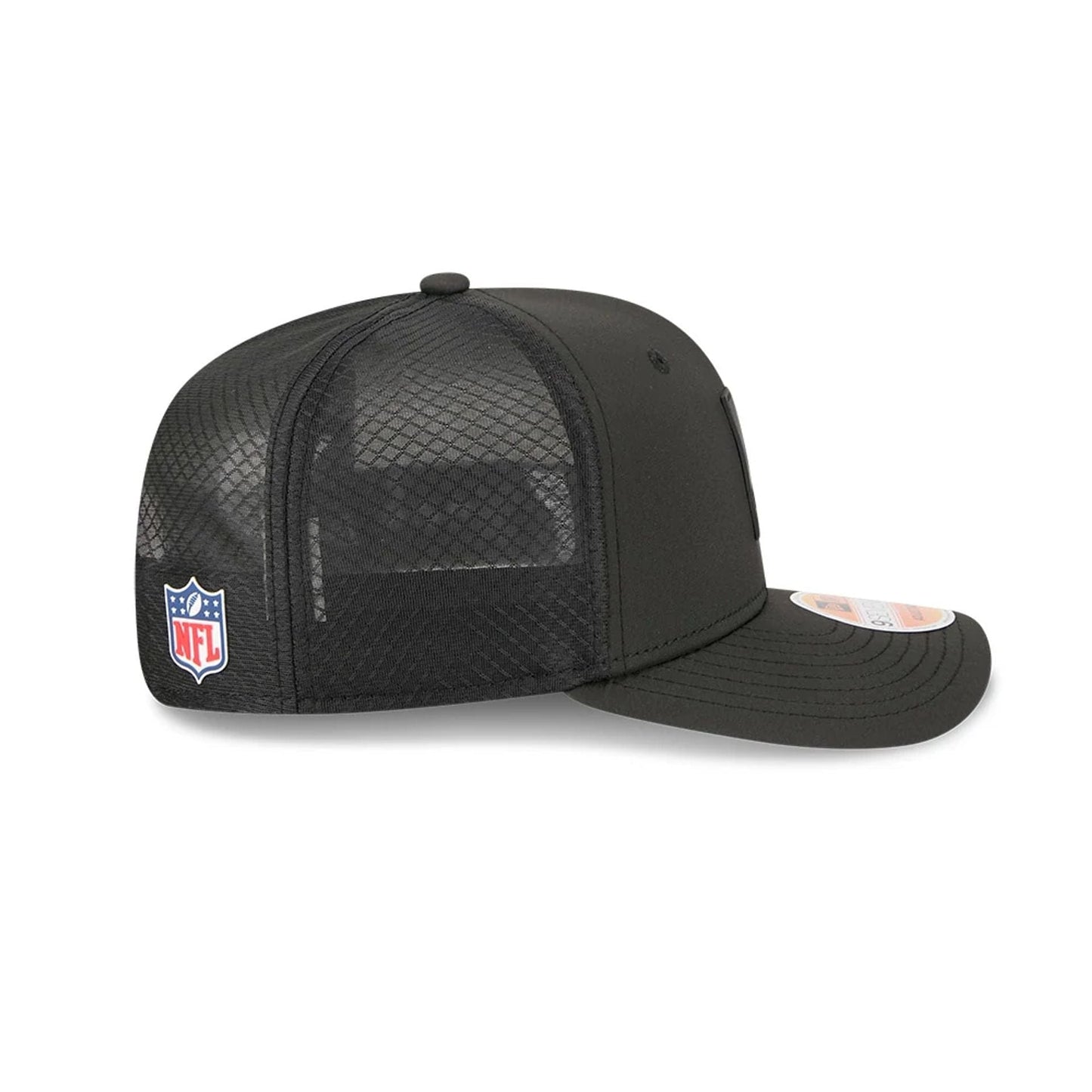 This is a Arizona Cardinals NFL Sideline 2025 Black 9SEVENTY Trucker Stretch Snap Adjustable Cap 6