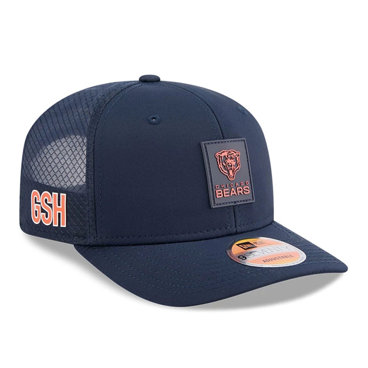 This is a Chicago Bears NFL Sideline 2025 Navy 9SEVENTY Trucker Stretch Snap Adjustable Cap 1