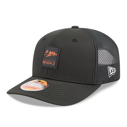 This is a Cincinnati Bengals NFL Sideline 2025 Black 9SEVENTY Trucker Stretch Snap Adjustable Cap 1