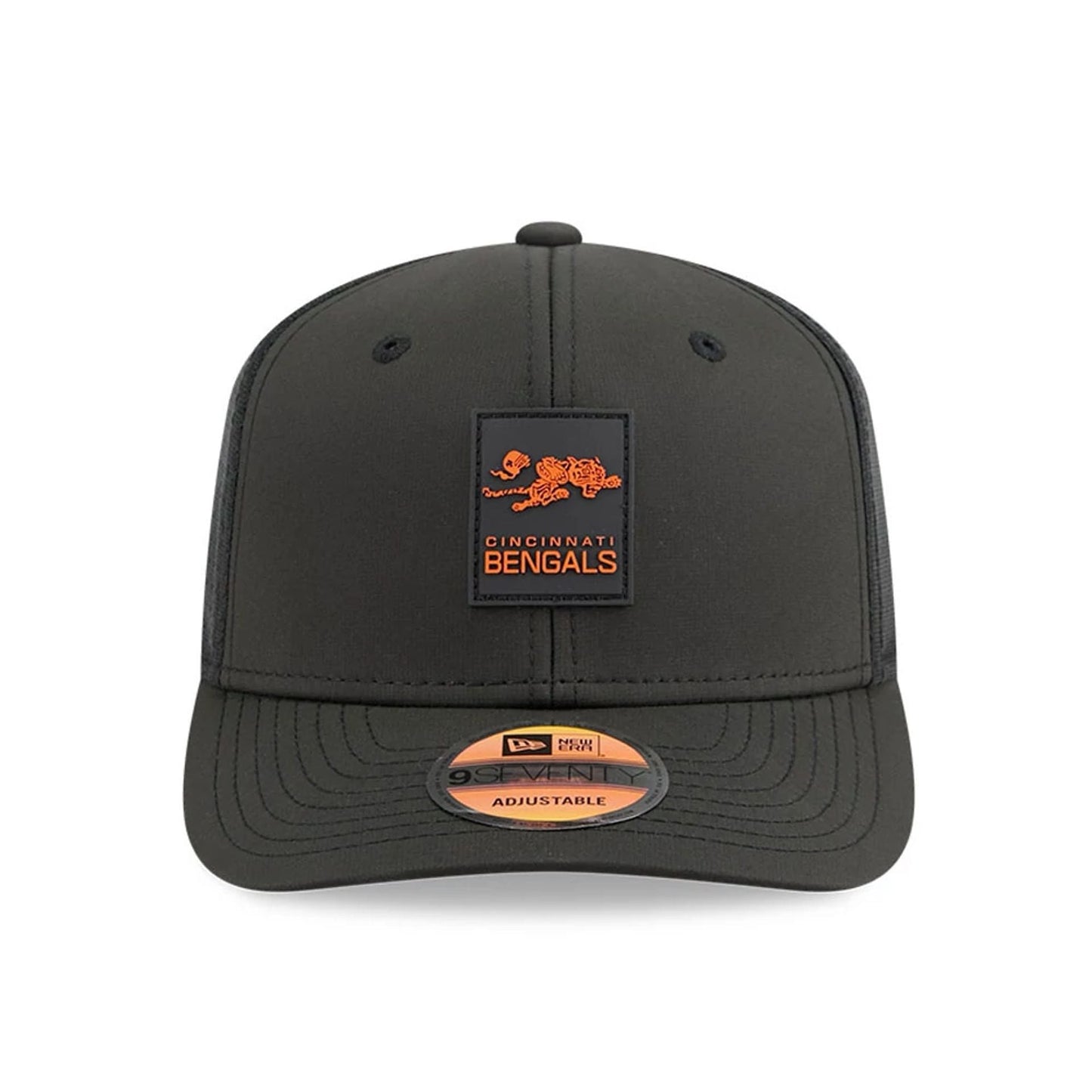 This is a Cincinnati Bengals NFL Sideline 2025 Black 9SEVENTY Trucker Stretch Snap Adjustable Cap 2