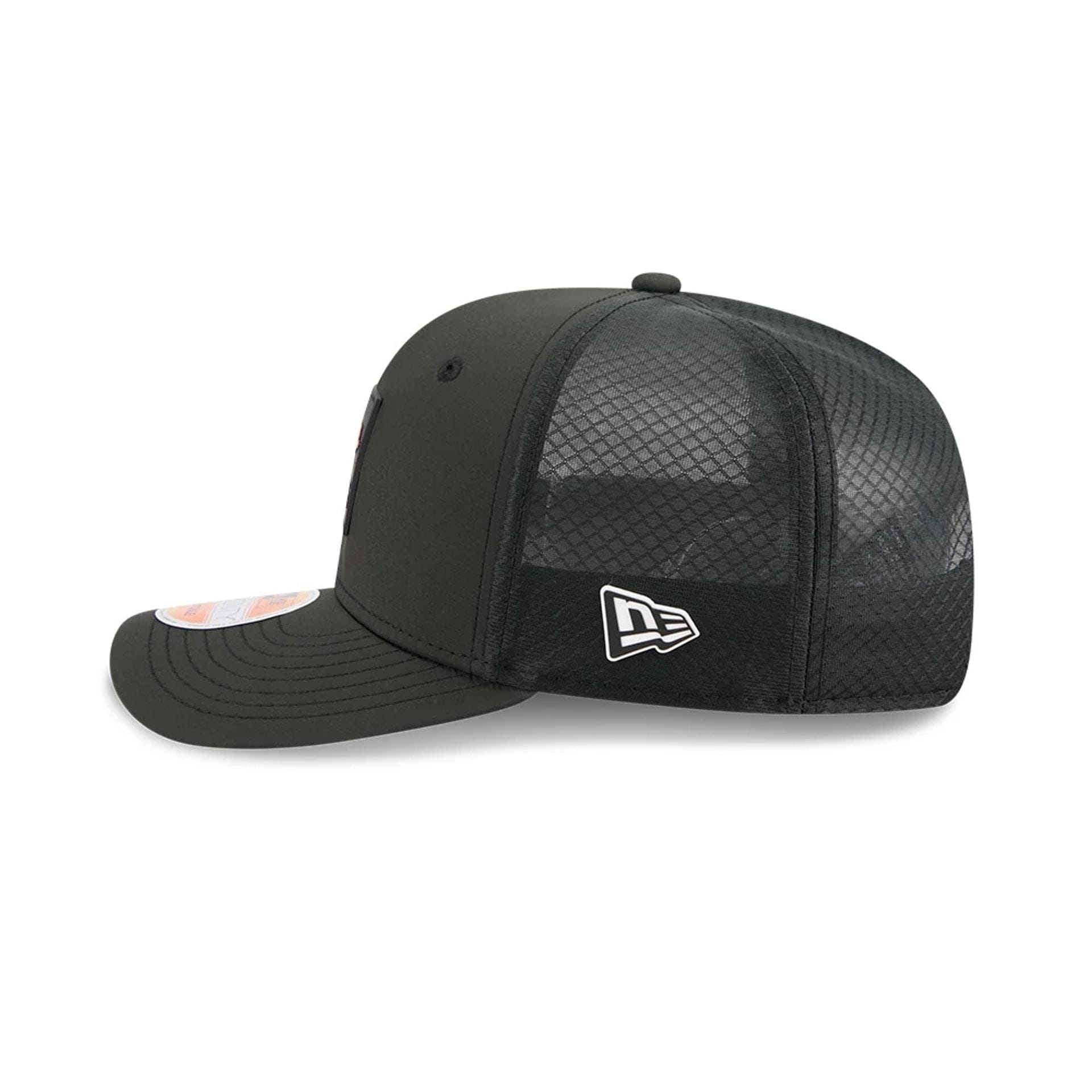 This is a Cincinnati Bengals NFL Sideline 2025 Black 9SEVENTY Trucker Stretch Snap Adjustable Cap 4