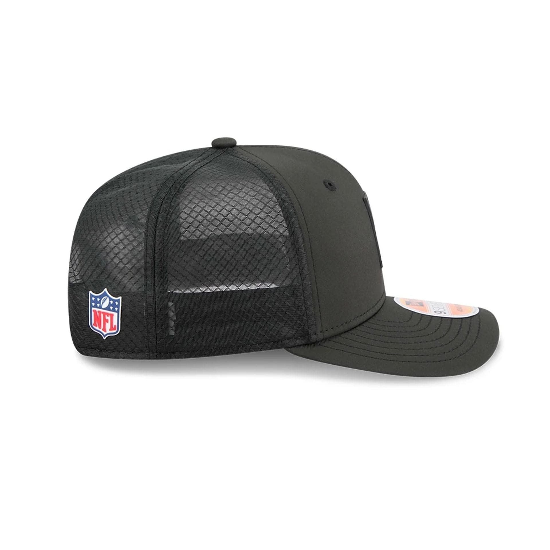 This is a Cincinnati Bengals NFL Sideline 2025 Black 9SEVENTY Trucker Stretch Snap Adjustable Cap 5