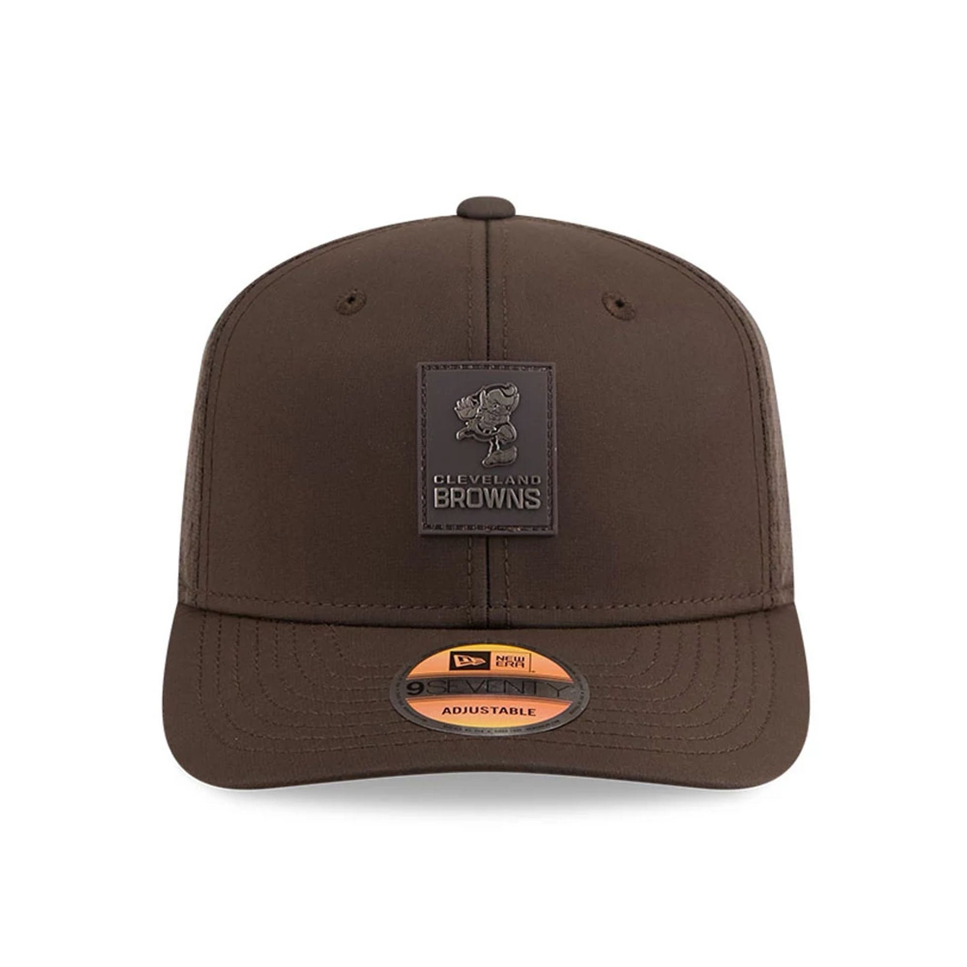 This is a Cleveland Browns NFL Sideline 2025 Dark Brown 9SEVENTY Trucker Stretch Snap Adjustable Cap 2