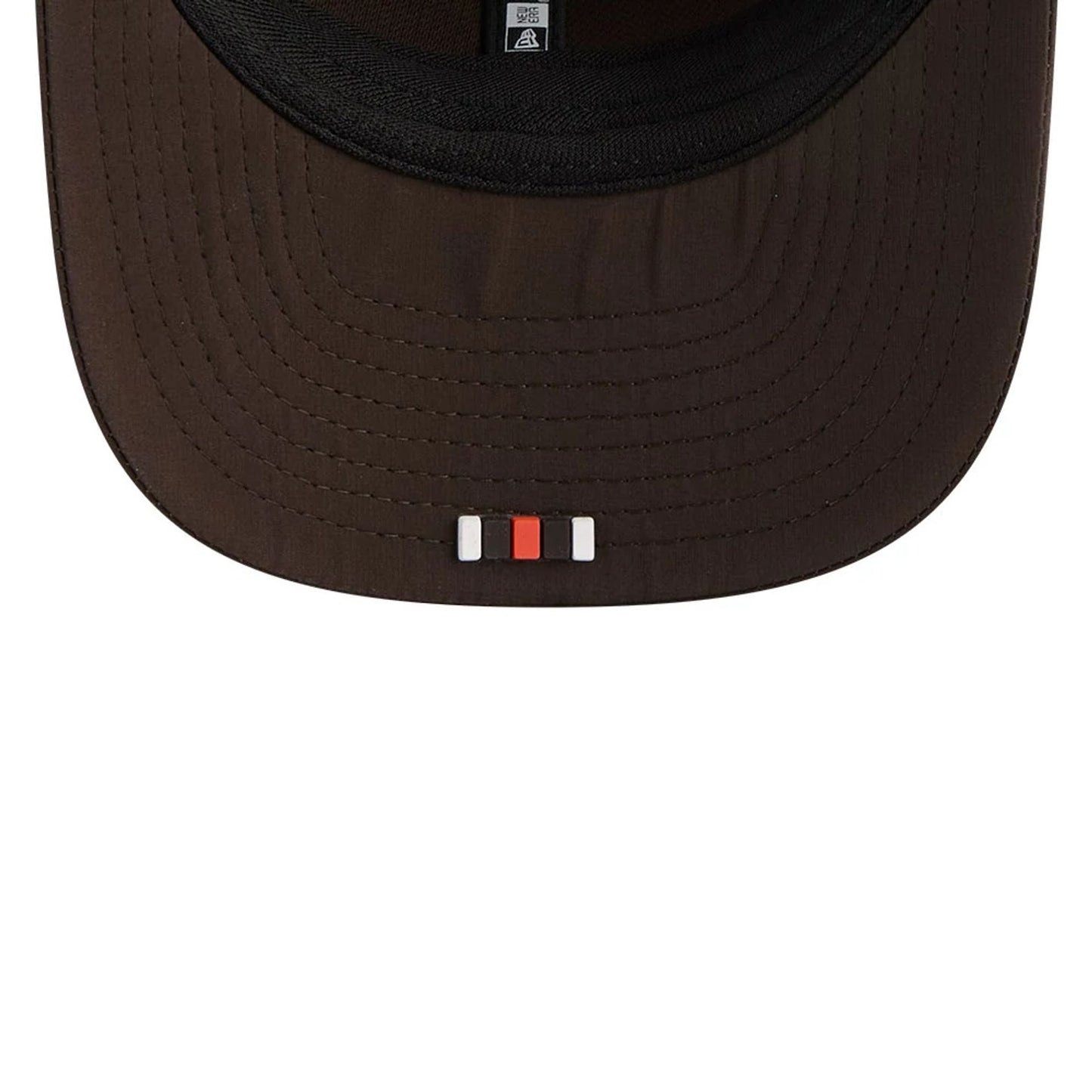 This is a Cleveland Browns NFL Sideline 2025 Dark Brown 9SEVENTY Trucker Stretch Snap Adjustable Cap 6