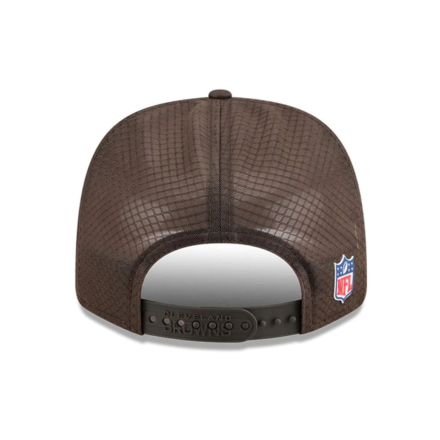 This is a Cleveland Browns NFL Sideline 2025 Dark Brown 9SEVENTY Trucker Stretch Snap Adjustable Cap 7